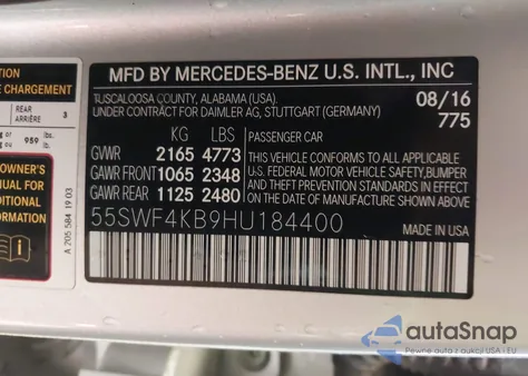 2017 Mercedes-Benz C 300 4Matic/Luxury 4Matic z USA, uszkodzony, nr VIN 55SWF4KB9HU184400